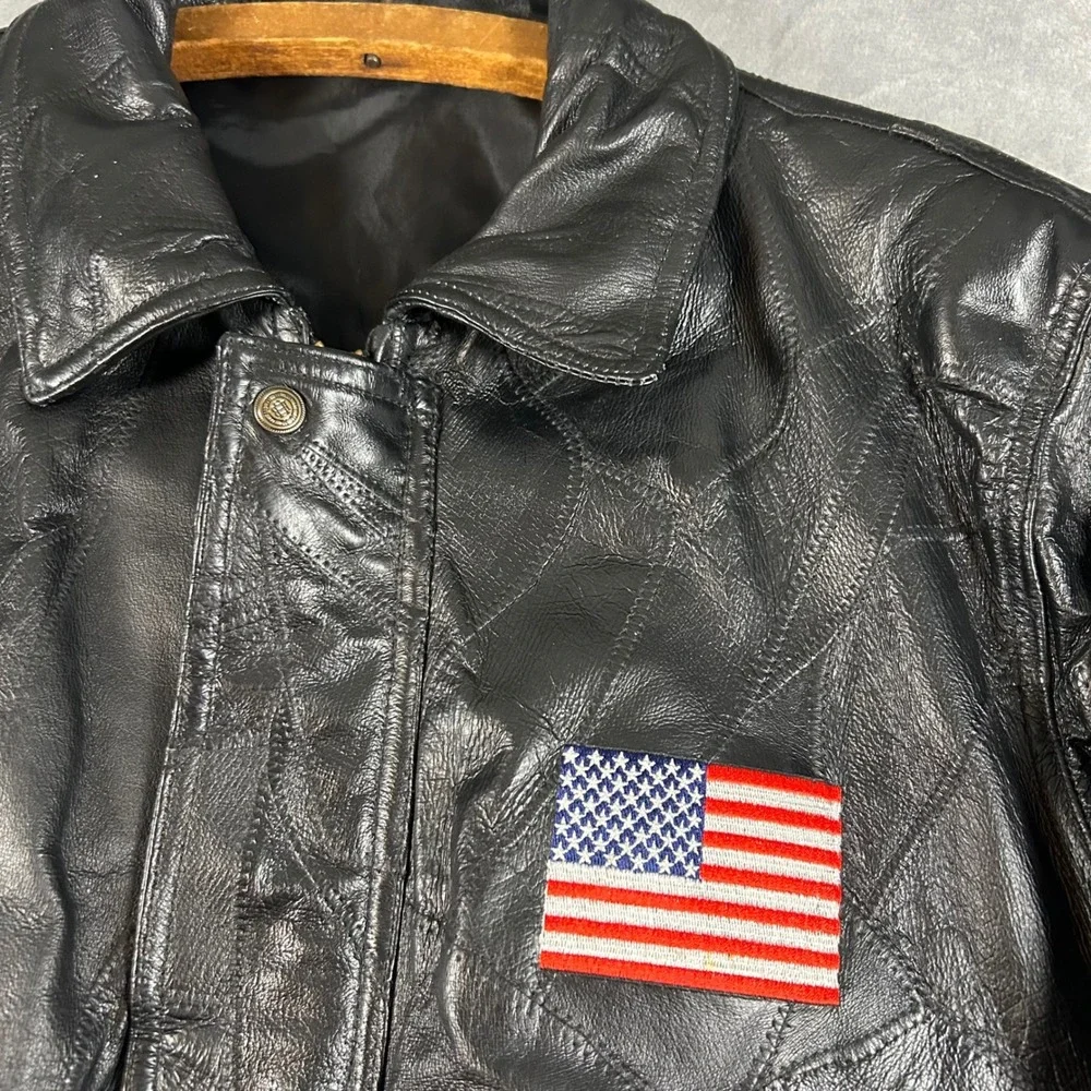 Vintage Patchwork Black Leather Bomber Jacket American Flag Eagle Mens Medium